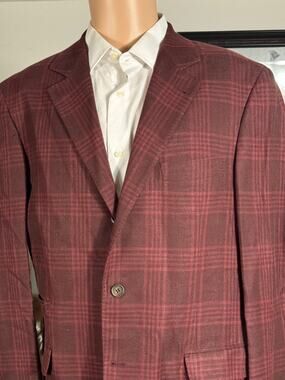 Brunello Cucinelli Wool Linen Silk Red Burgundy Plaid Blazer 54 44R US men's